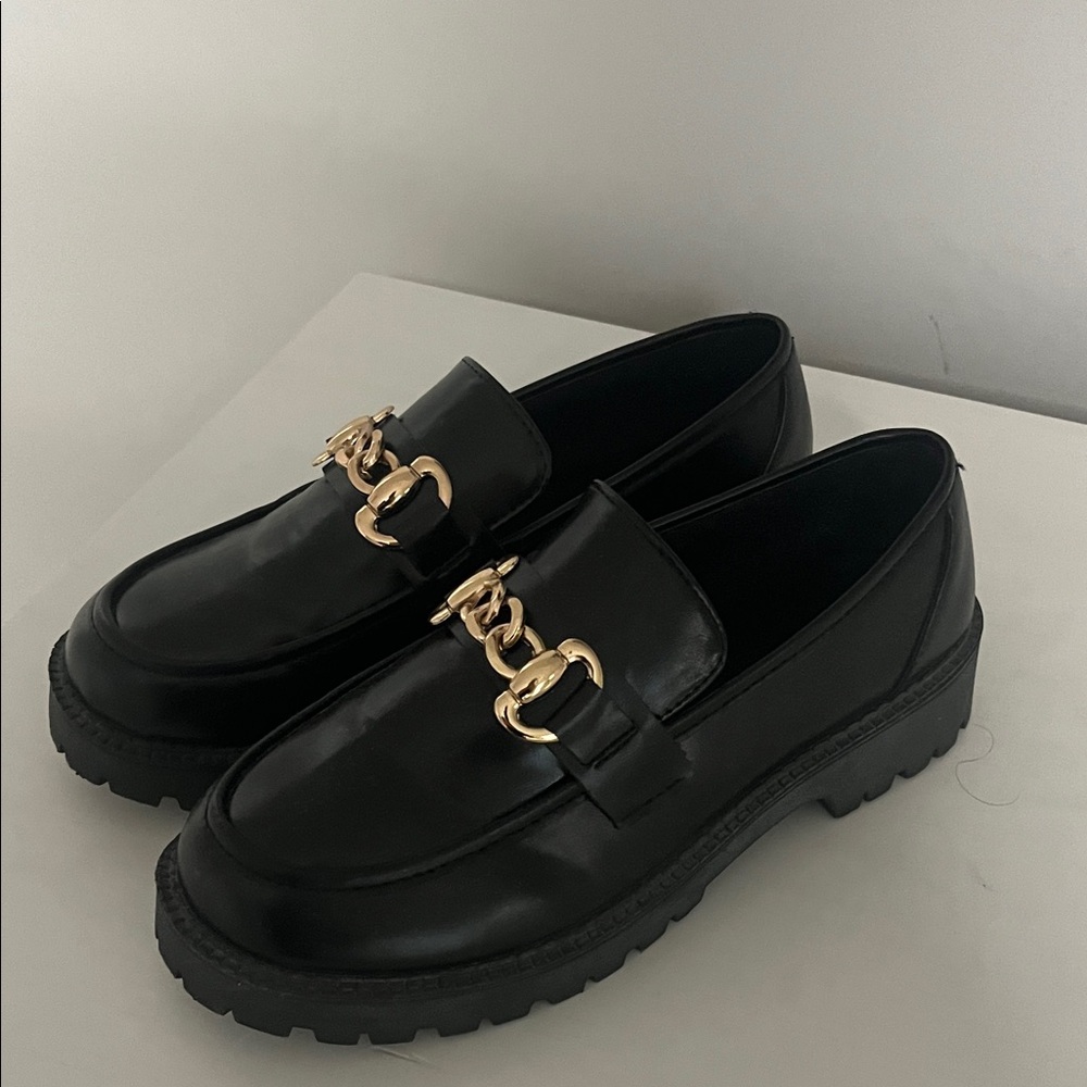 Zara Black Loafers with Gold Chain Detail